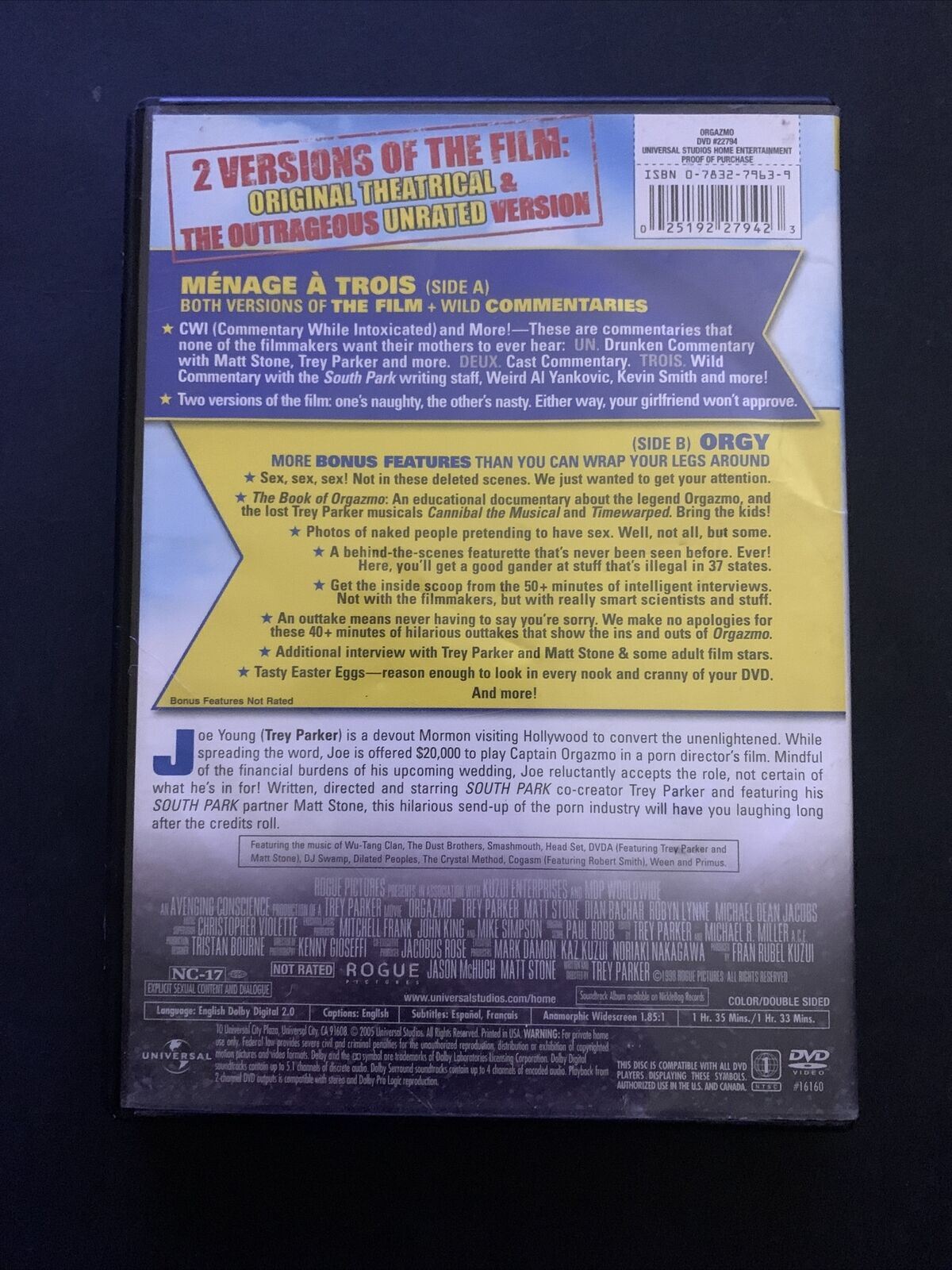 Orgazmo - Unrated Special Edition (DVD, 1997) Trey Parker Region 1