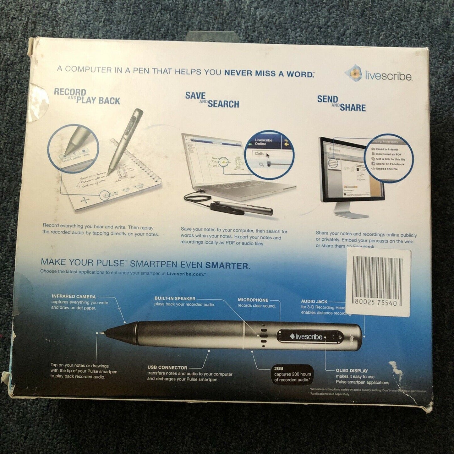 LiveScribe Pulse Smart Pen 2GB (APA-00003) for Windows / Mac