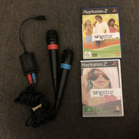 Singstar PS2 Playstation 2 Bundle - 2 Microphones with Adapter and 2 Games