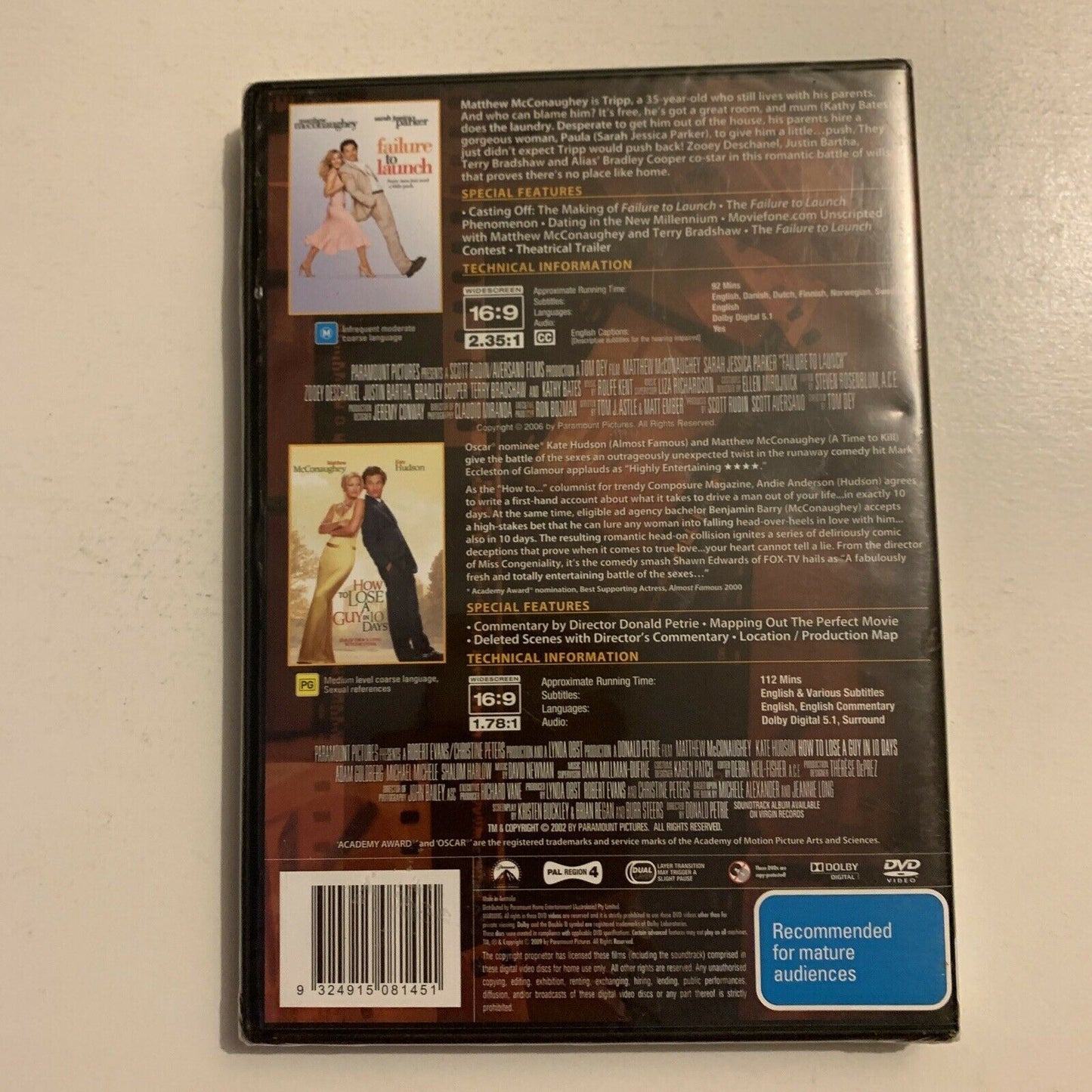 *New Sealed* How To Lose A Guy In 10 Days / Failure To Launch (DVD) Region 4