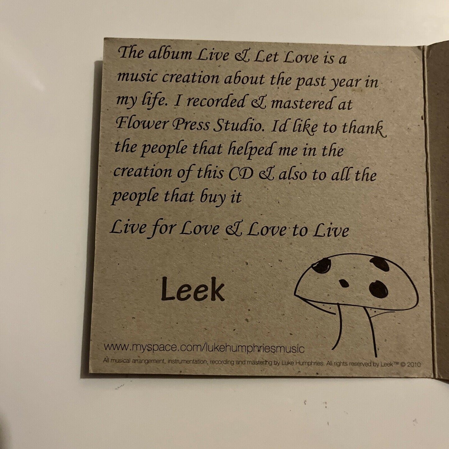 *Autographed* Leek - Live & Let Love (CD, 2010)