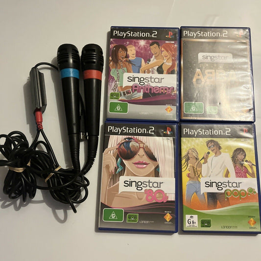 2x SingStar Microphones + 4 SingStar PS2 Games PAL: Anthems, ABBA, Pop, 80's