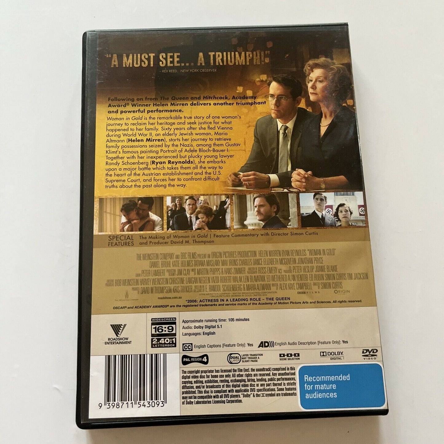 Woman In Gold (DVD, 2015) Helen Mirren, Ryan Reynolds, Daniel Brühl Region 4