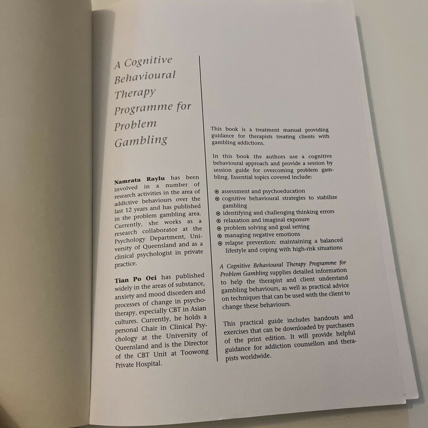 A Cognitive Behavioural Therapy Programme for Problem Gambling: Therapist Manual