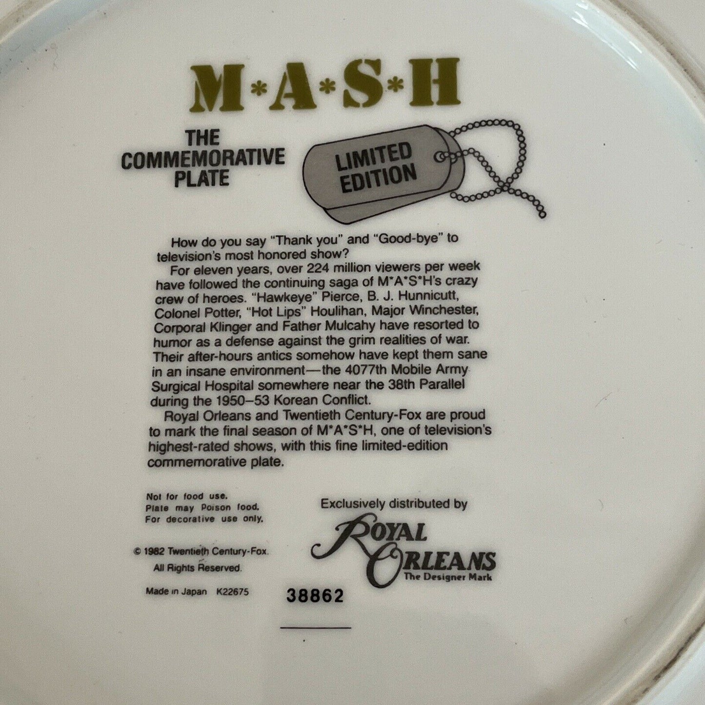 M*A*S*H MASH 4077th - The Commemorative Plate Limited Edition no. 38862