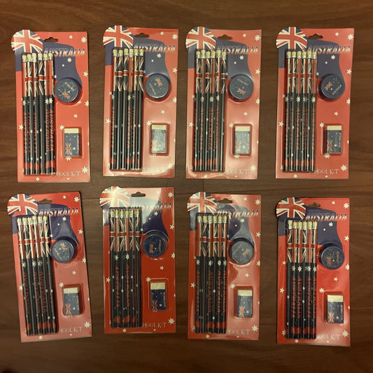 8x Australia School Kit - 6 Pencils, Eraser & Pencil Sharpener