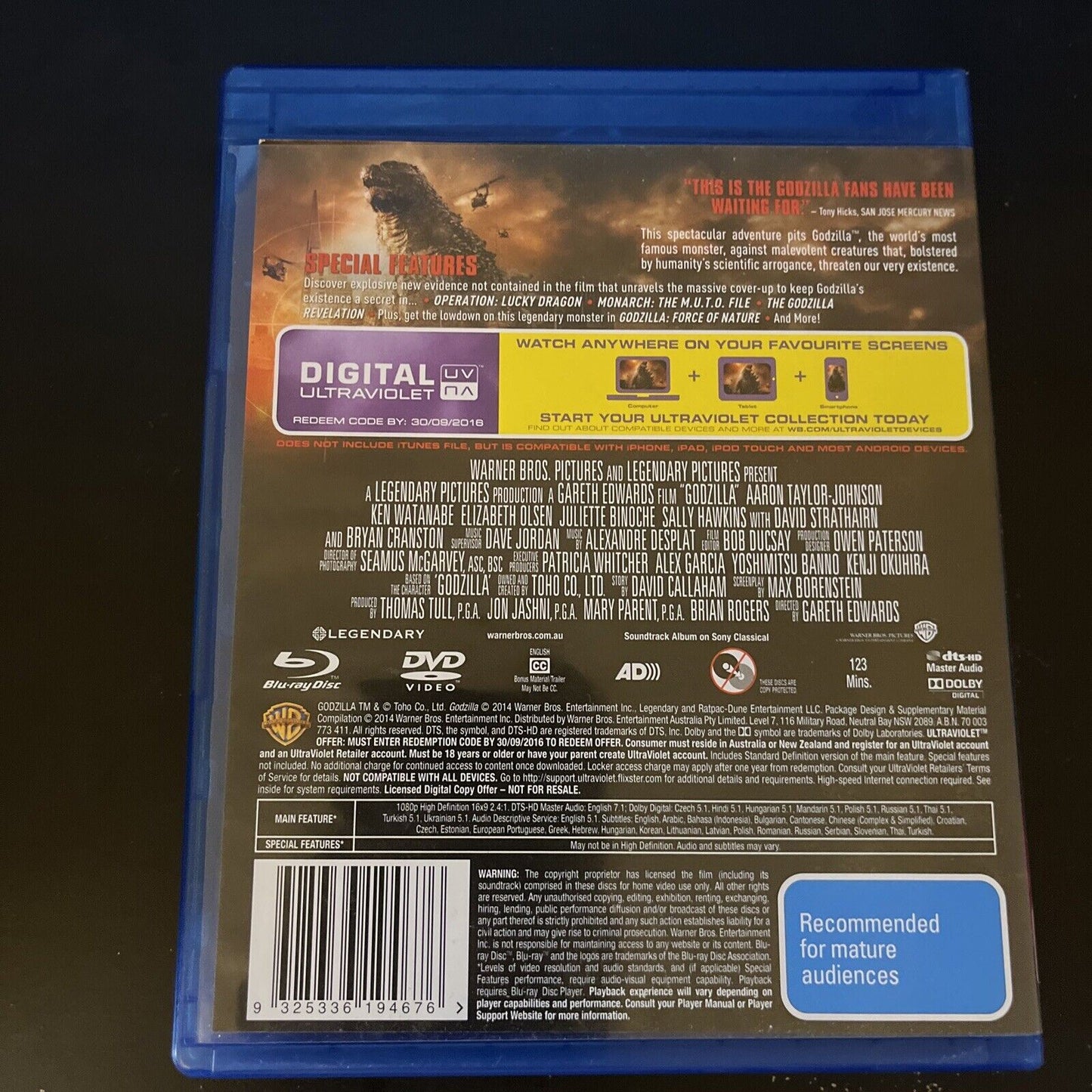 Godzilla (Blu Ray + DVD, 2014, 2-Disc) Region B