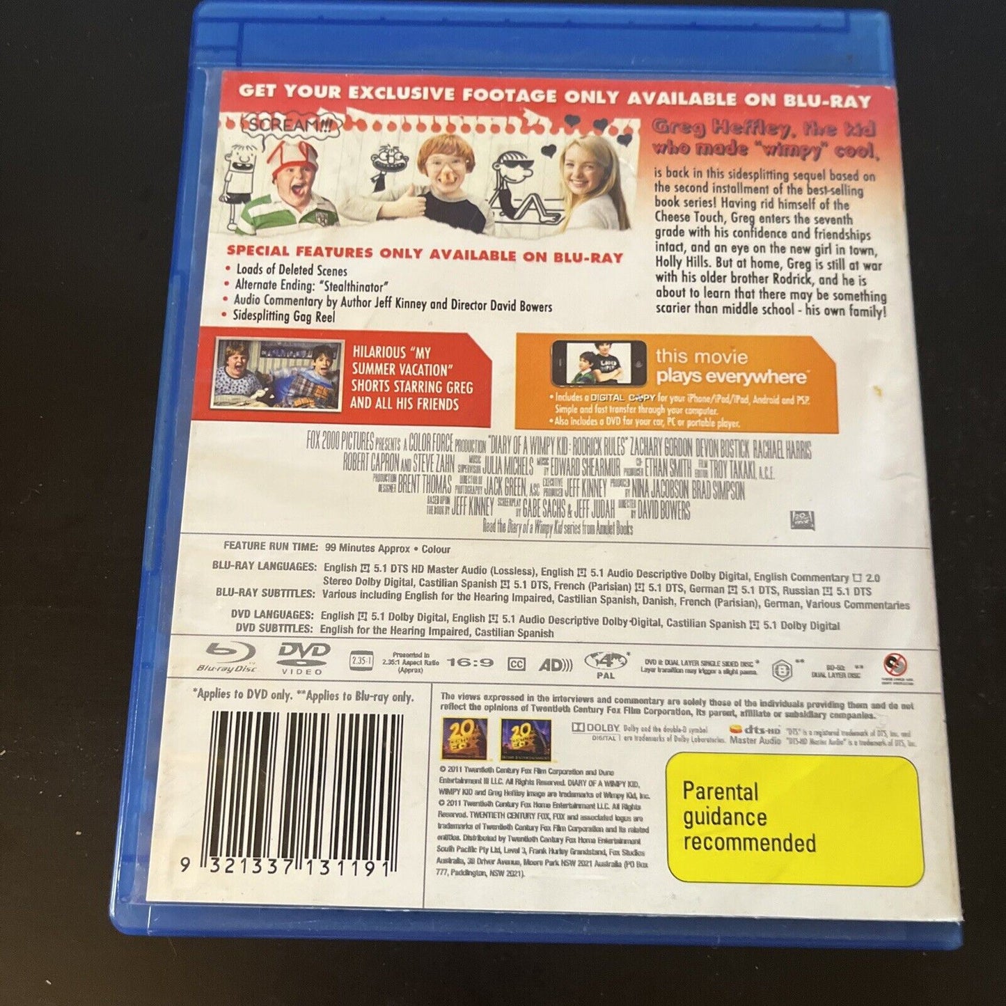 Diary Of A Wimpy Kid 2 (Blu-ray, 2011) Zachary Gordon, Devon Bostick Region B