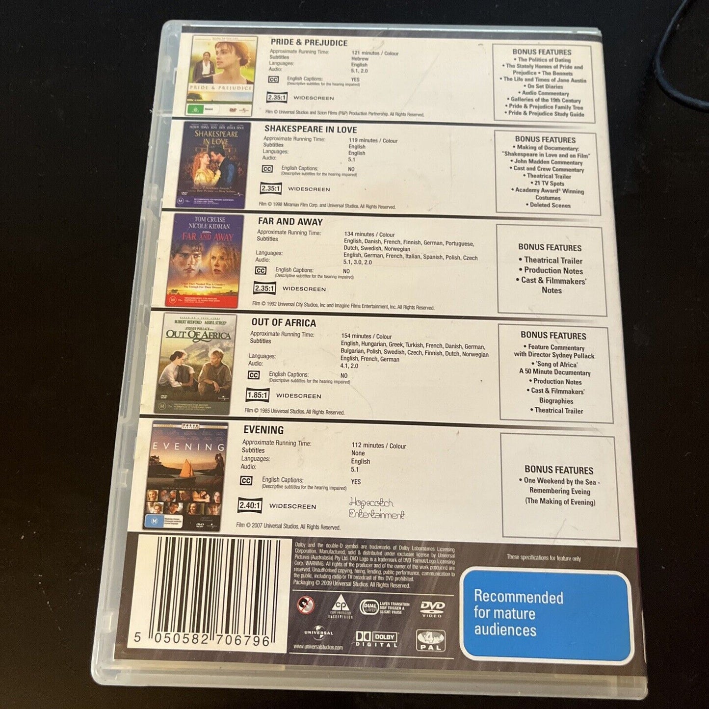 Pride & Prejudice, Shakespeare In Love, Far and Away, Out of Africa, Evening DVD