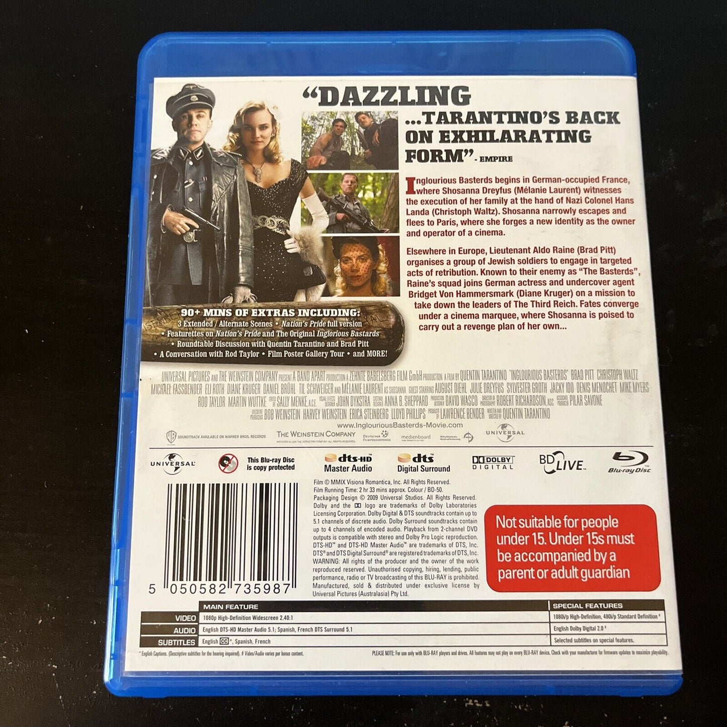 Inglourious Basterds (Blu-ray, 2009) Brad Pitt, Melanie Laurent, Region B