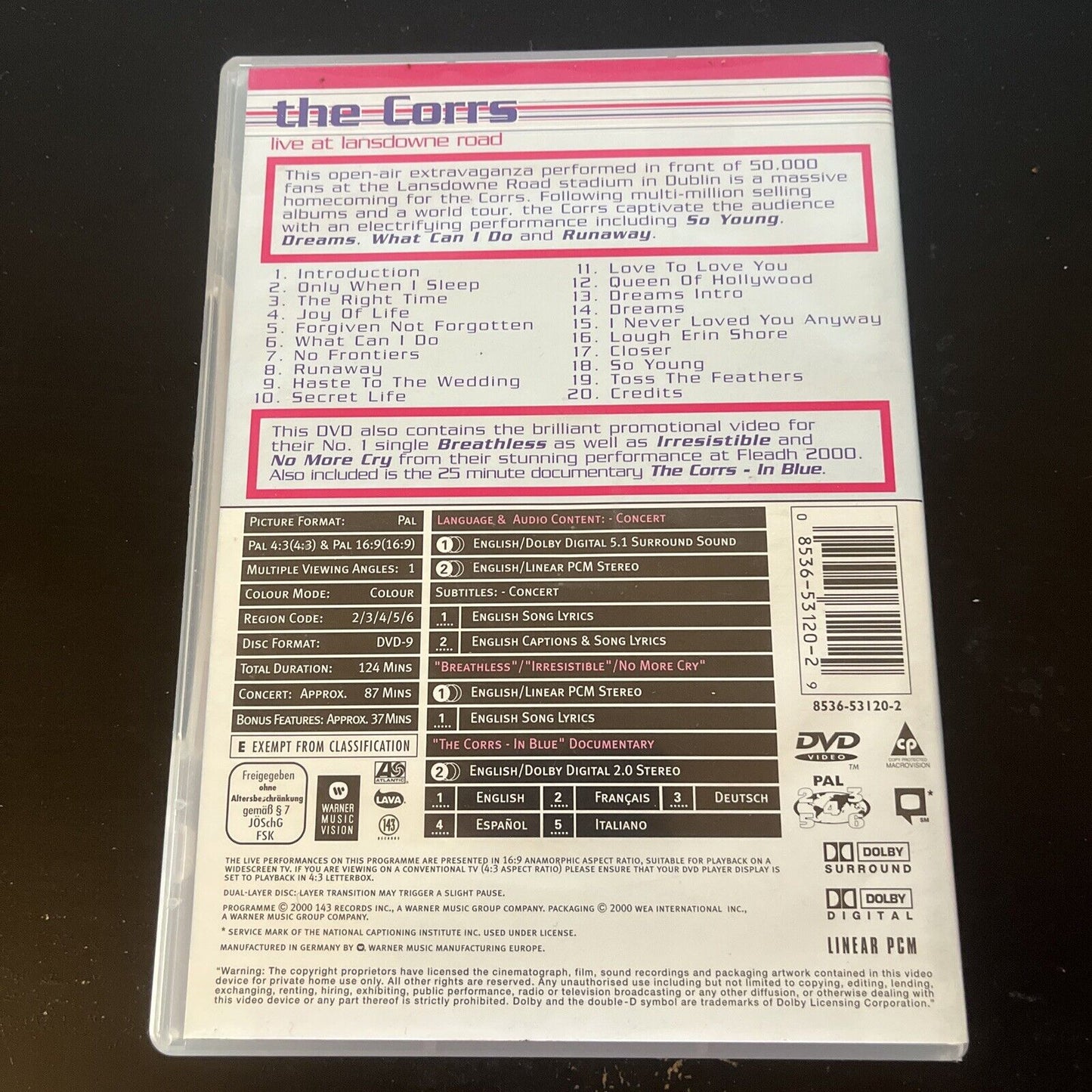 The Corrs - Lansdowne Road Live Concert (DVD, 2000) Region 4 &2
