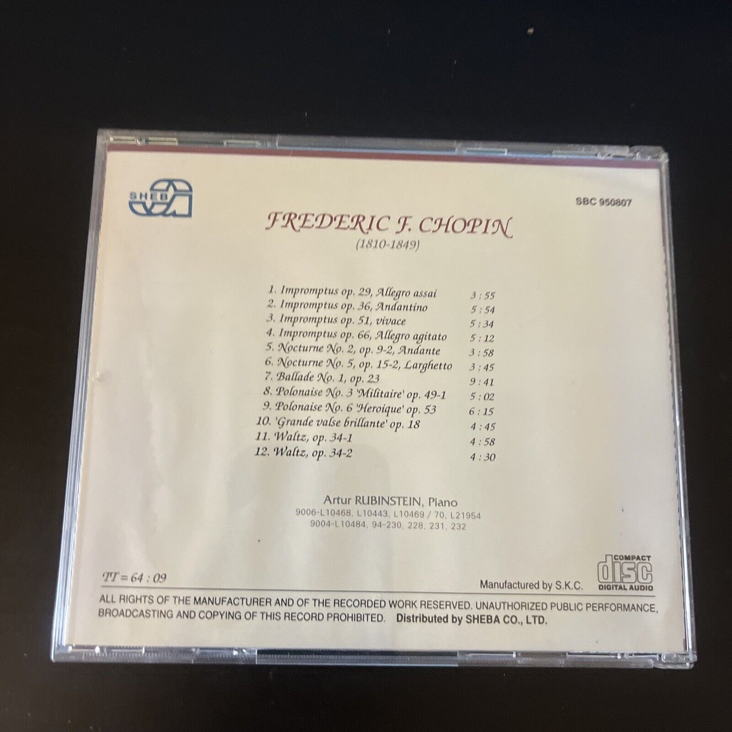 Arthur Rubinstein - Frederic F. Chopin - Impromptus, Norturne (CD) SBC 950807