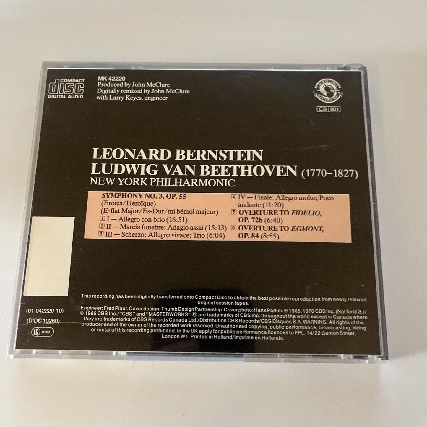Leonard Bernstein - Ludwig Van Beethoven Symphony No 3 & 6 (CD, 1986) Mk42220