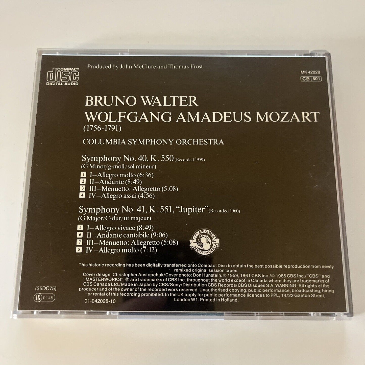 Bruno Walter - Mozart Symphony No 40 & 41 (CD, 1985) Mk42028