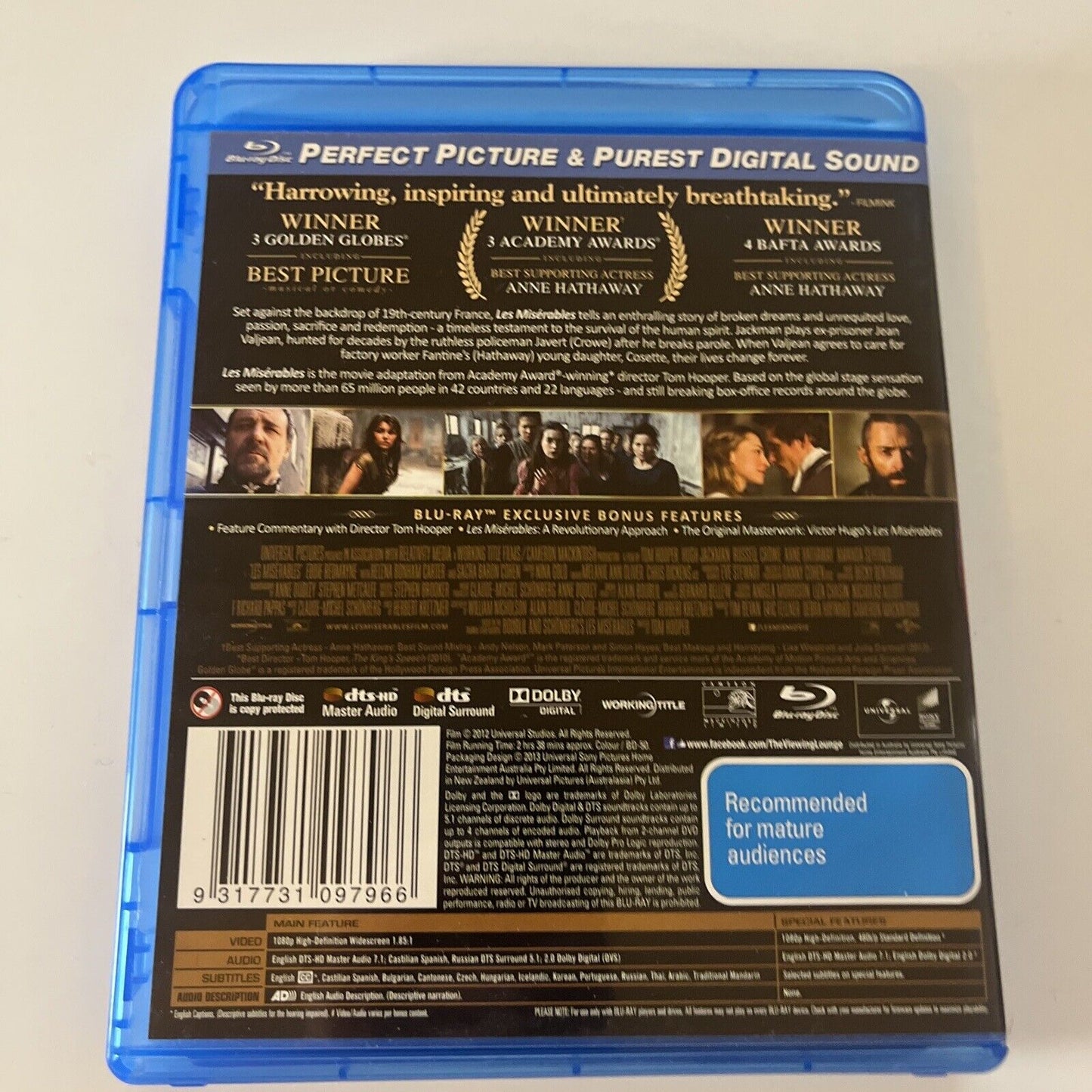 Les Miserables (Blu-ray, 2012) Hugh Jackman, Anne Hathaway Region B