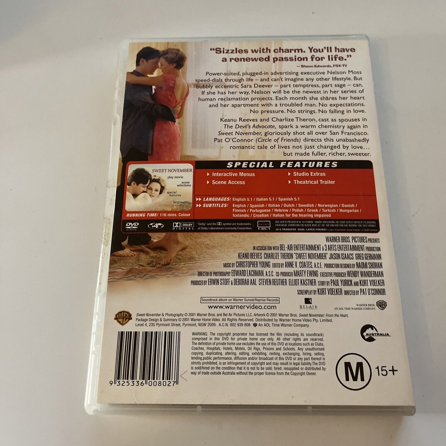 Sweet November (DVD, 2001) Charlize Theron, Keanu Reeves NEW Region 4