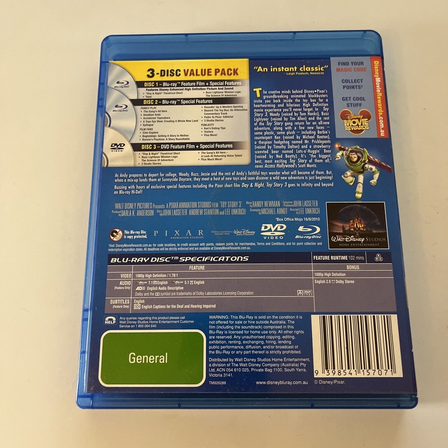 Toy Story 3 (Blu-ray, 2010, 3-Disc) All Regions