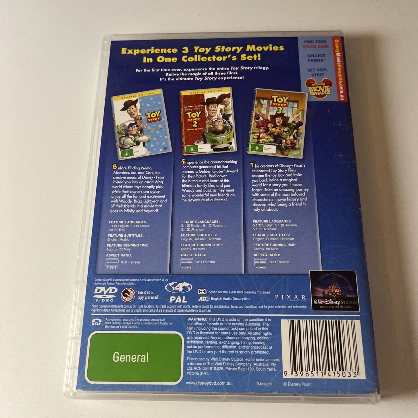 Toy Story / Toy Story 2 / Toy Story 3 (DVD, 2010, 3-Disc) Tim Allen Region 4