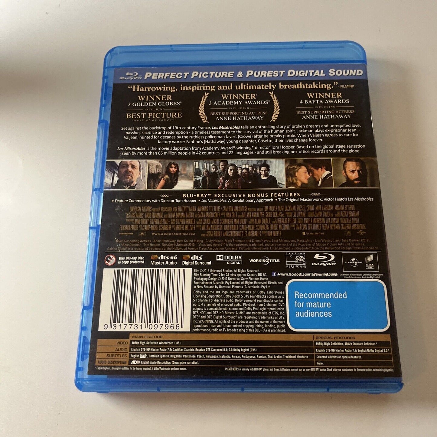 Les Miserables (Blu-ray, 2012) Hugh Jackman, Russell Crowe  Region B