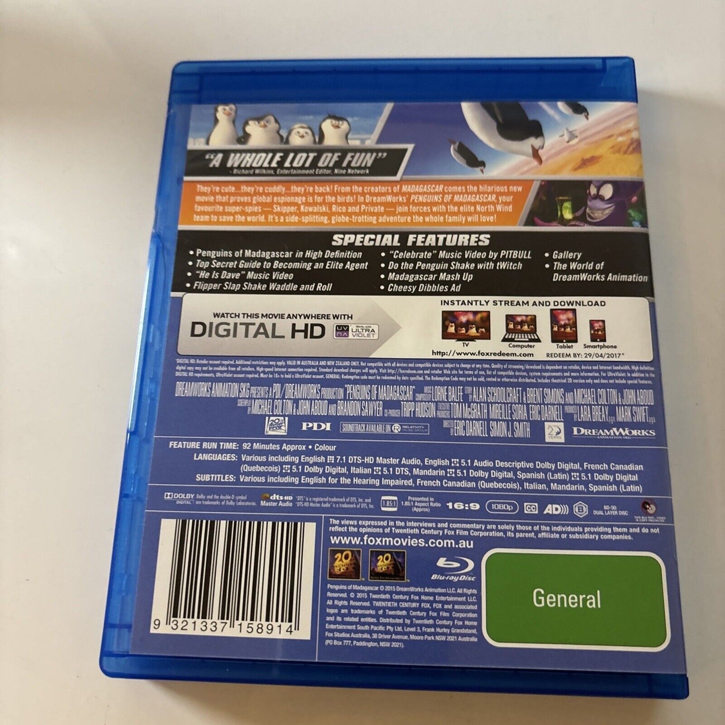 Penguins Of Madagascar - The Movie (Blu-ray, 2014) Region B