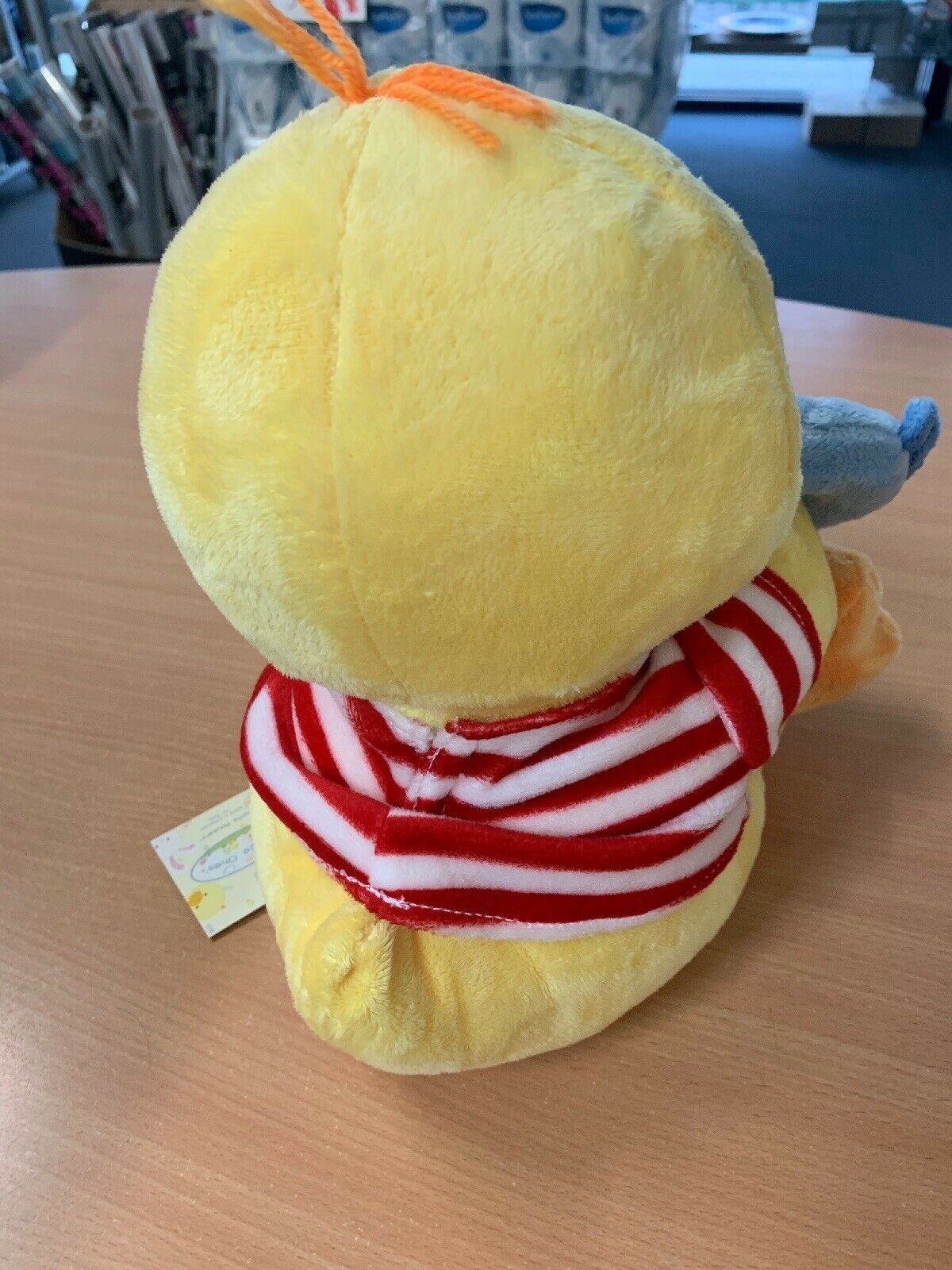 Russ SUNSHINE Yellow Duck Red Striped Shirt Stuffed Animal Plush w/ Fish Rattle