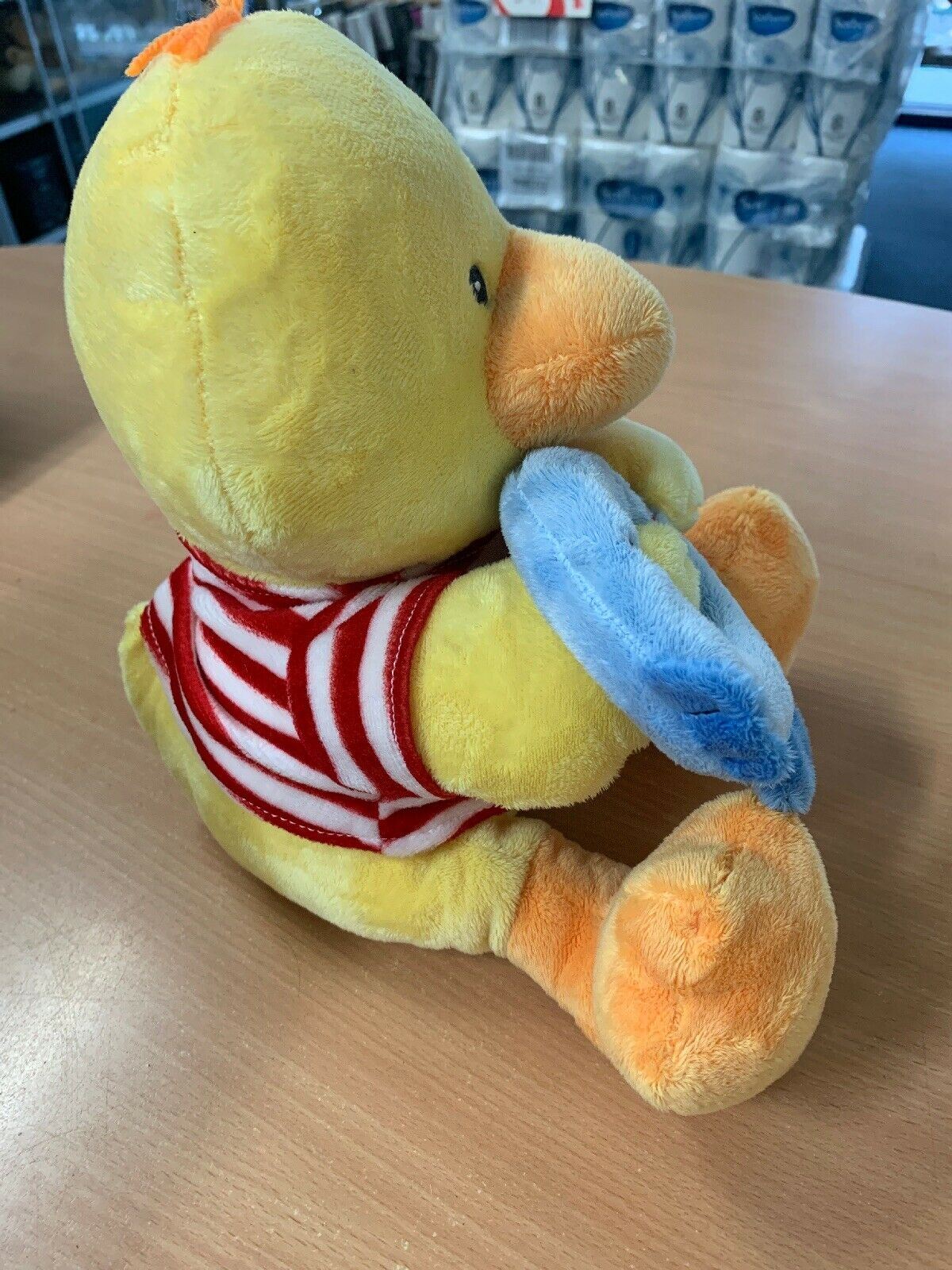 Russ SUNSHINE Yellow Duck Red Striped Shirt Stuffed Animal Plush w/ Fish Rattle