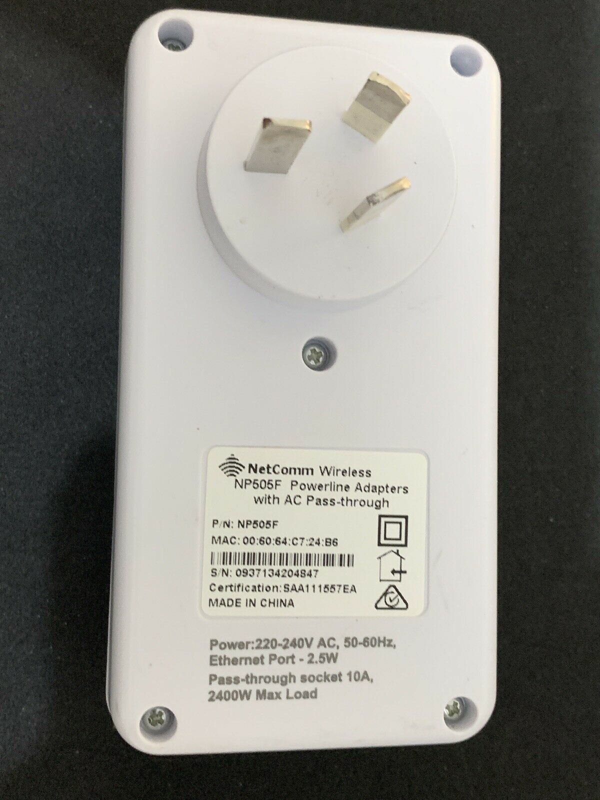 Netcomm Wireless NP505F Powerline Adapter with AC pass through Etherne ...