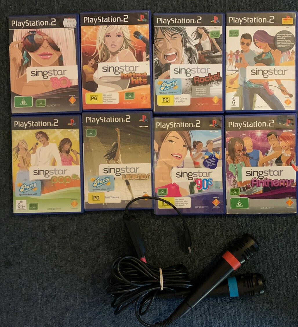 8x SingStar PS2 PAL Games Bundle + 2x SingStar PS2 Microphones - Tested and work