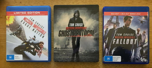 3x Mission Impossible Movies Bluray - Rogue Nation, Ghost Protocol, Fallout