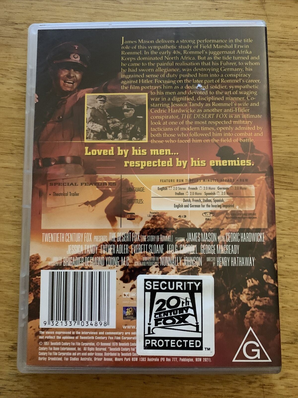 The Desert Fox: The Story of Rommel (DVD, 1951) James Mason Region 4