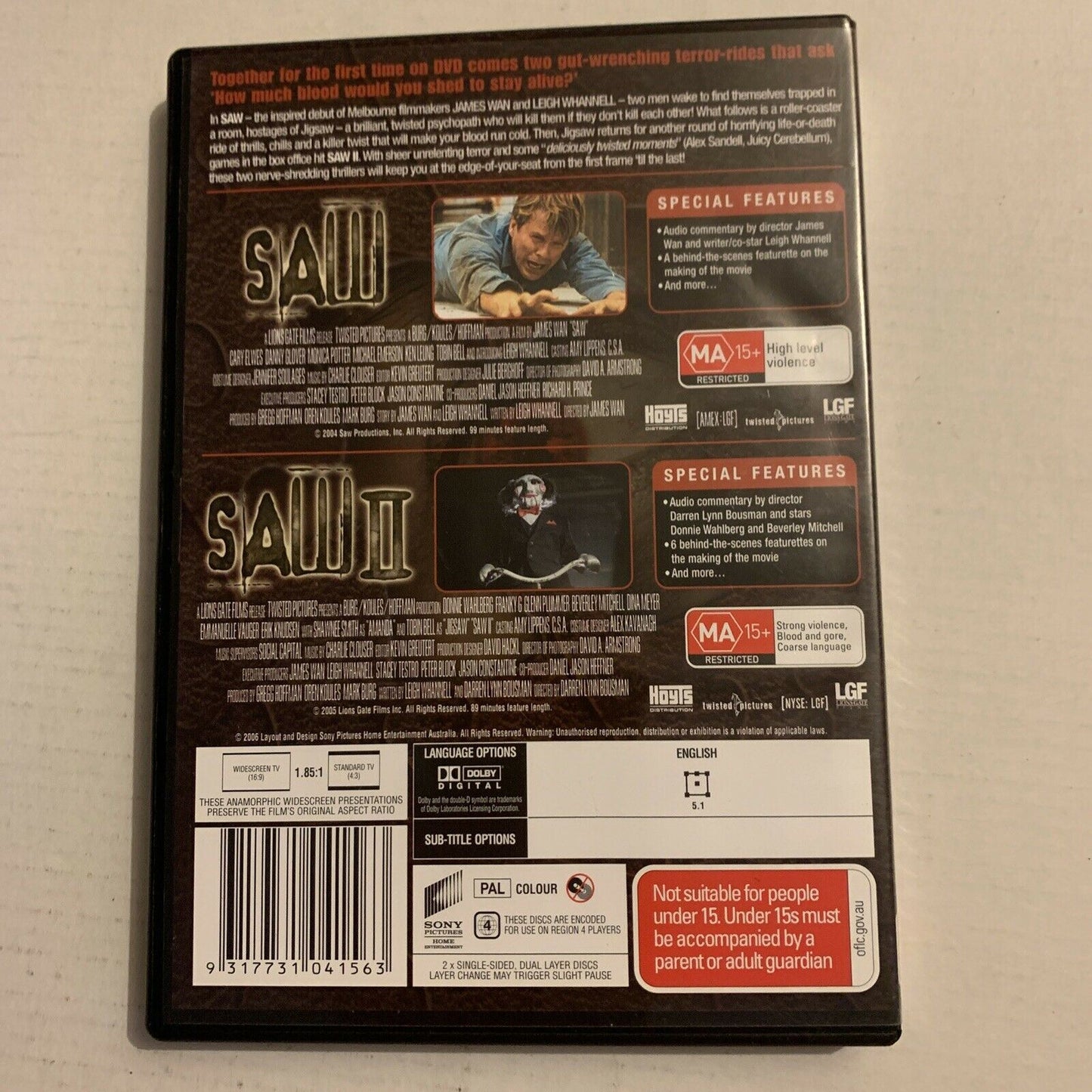 Saw & Saw 2 - The Ultimate Collector's Pack (DVD, 2006) Danny Glover Region 4