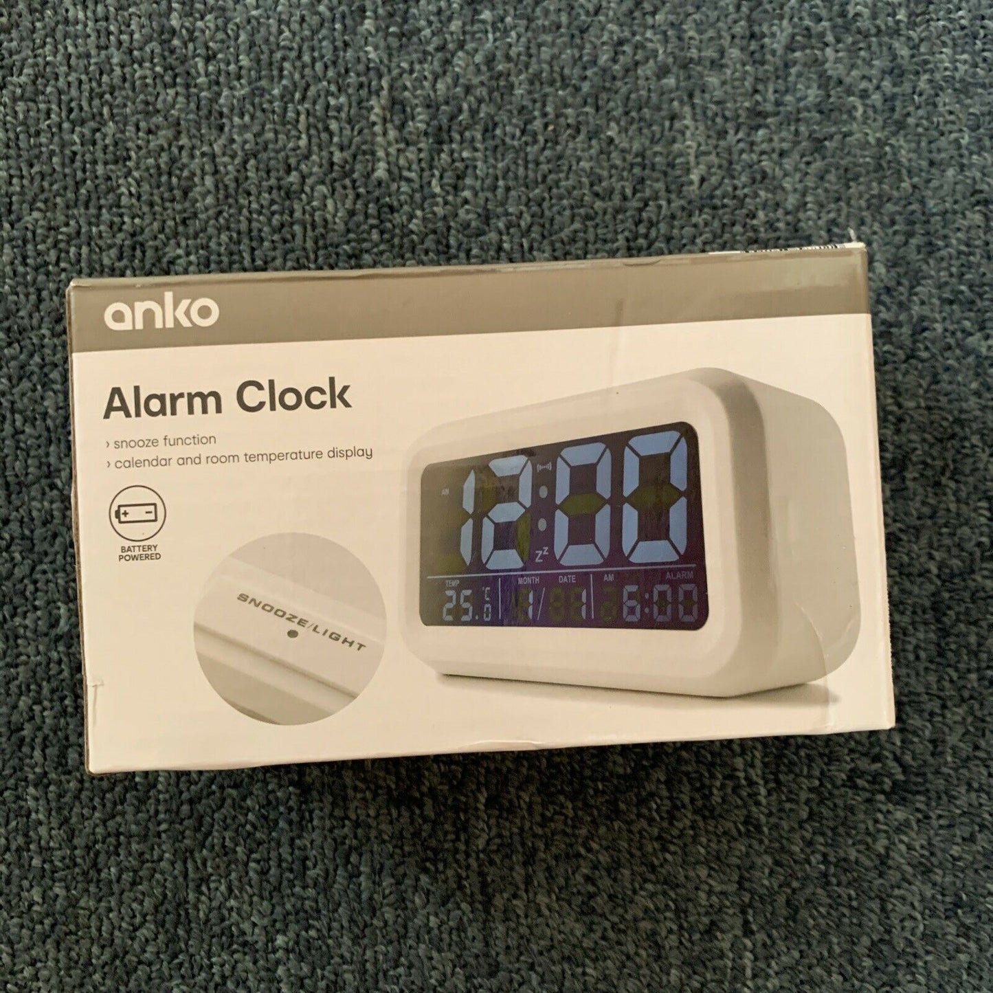 Anko Alarm Clock - Snooze, Calendar, Temperature, battery operated