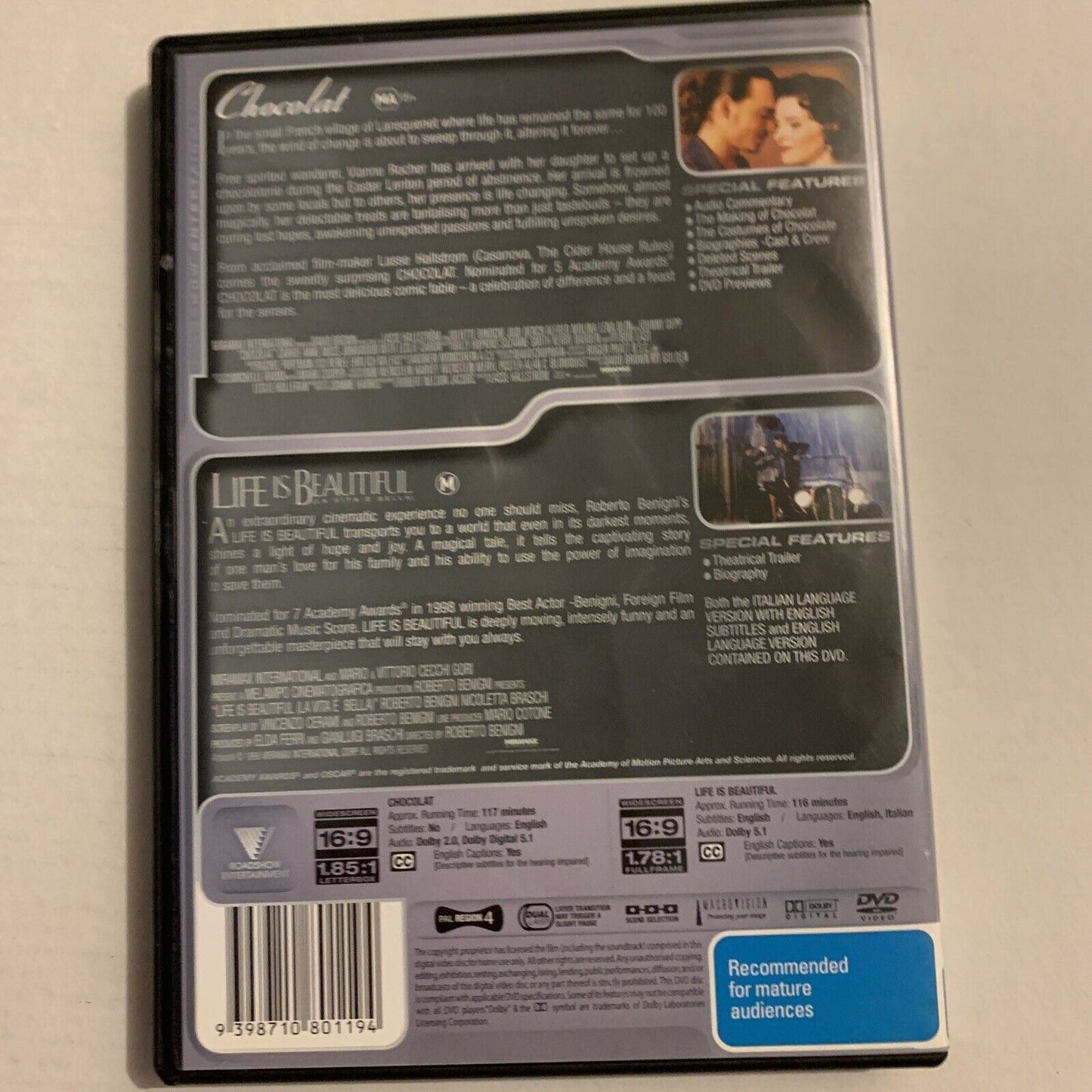 Chocolat / Life Is Beautiful (DVD, 2000, 2-Disc) Johnny Depp. Region 4