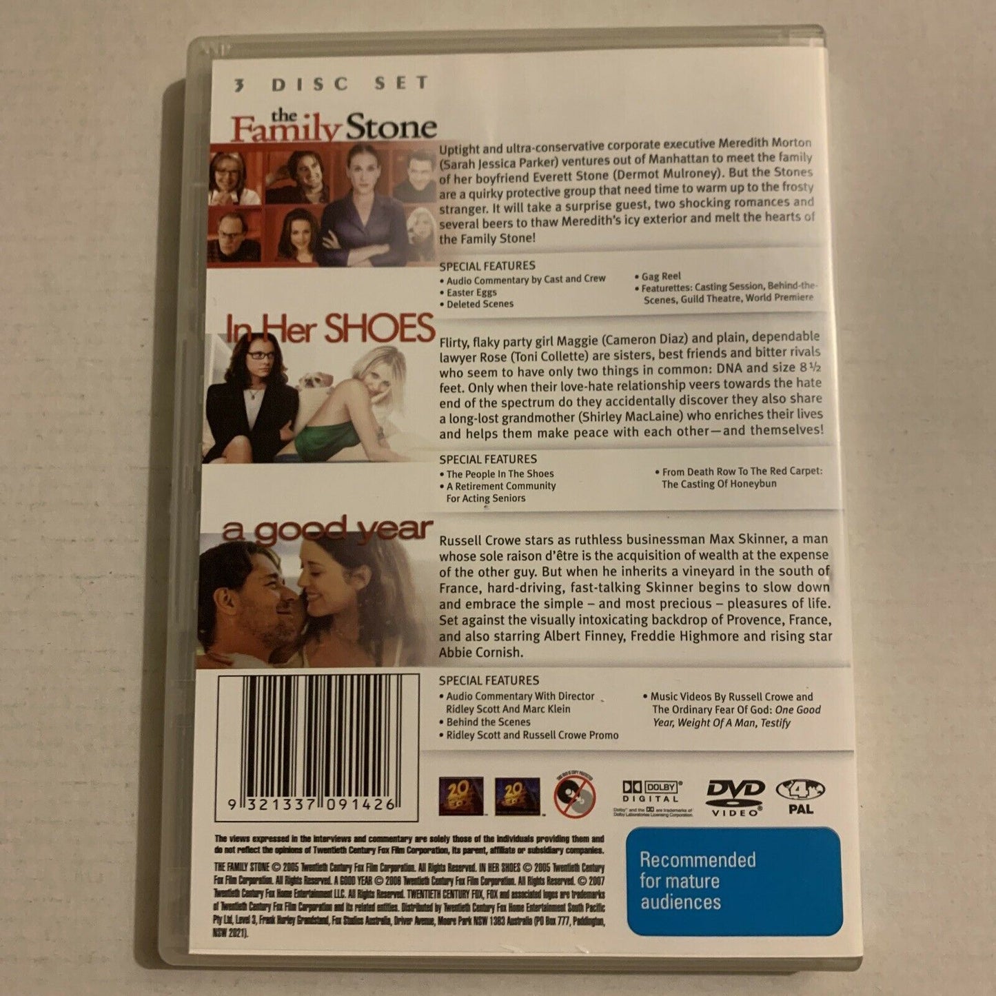 Family Stone / In Her Shoes / A Good Year (DVD, 2007, 3-Disc Set) Region 4
