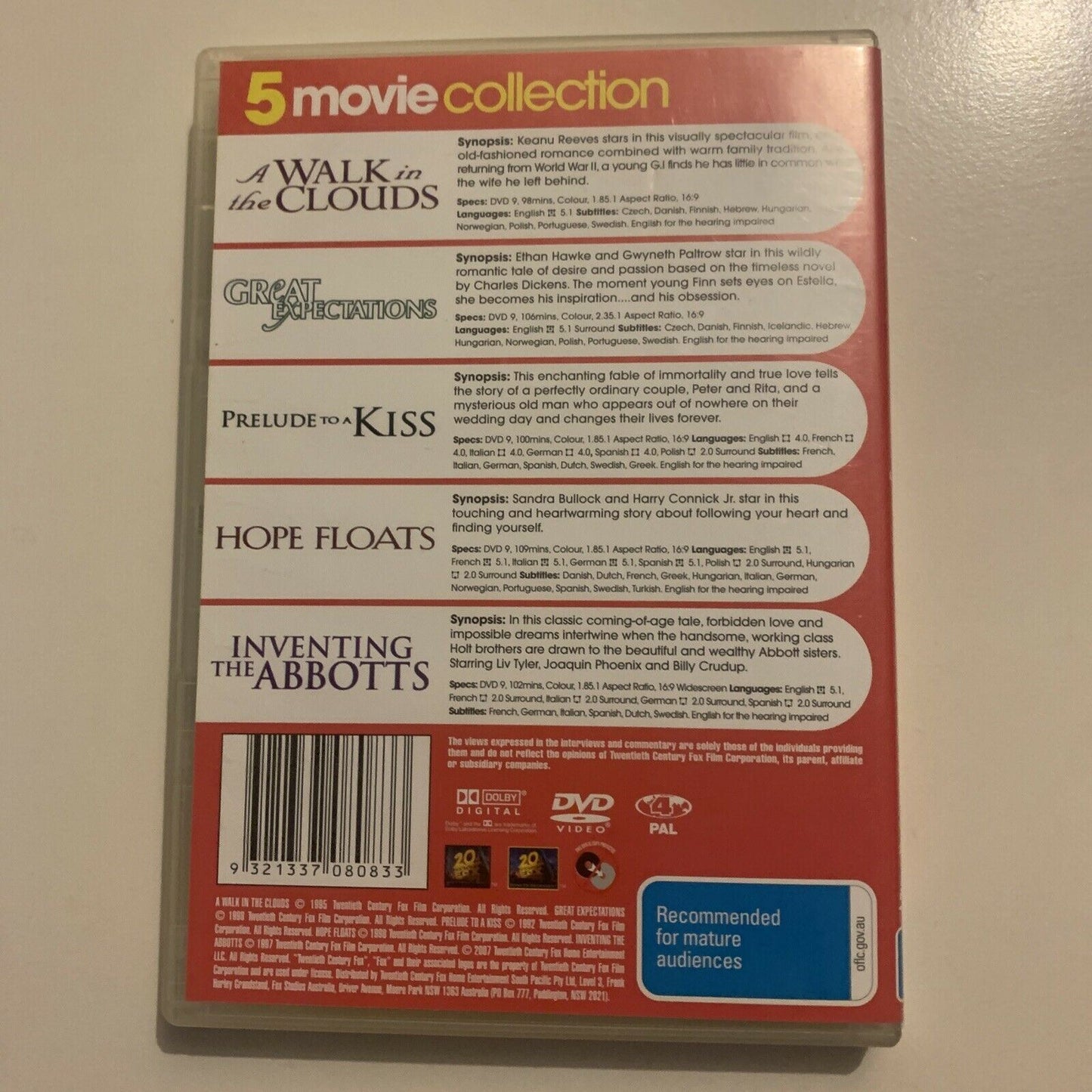 5 Romance Movies: Hope Floats / Great Expectations... (DVD, Region 4) 5-Disc Set