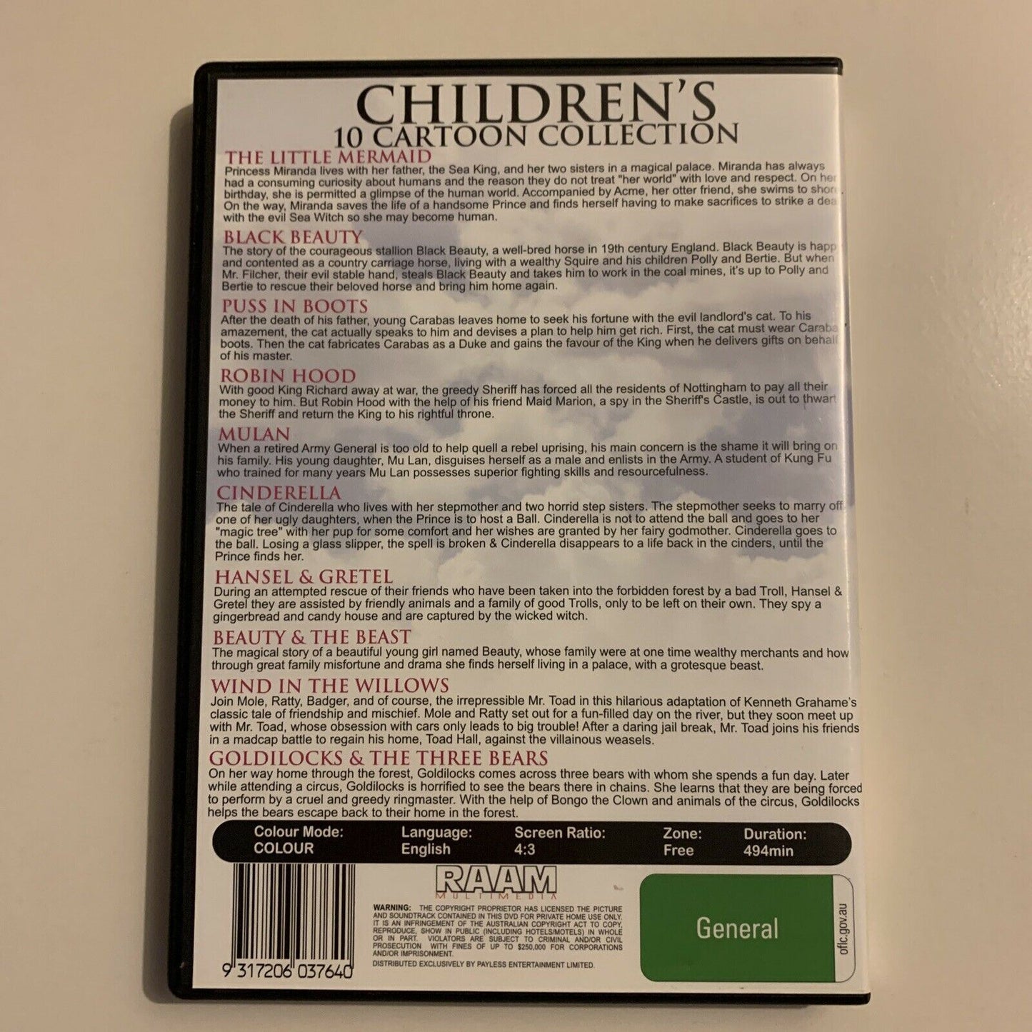 10 Children's DVD: Little Mermaid/Black Beauty/Puss in Boots/Robin Hood/Mulan...