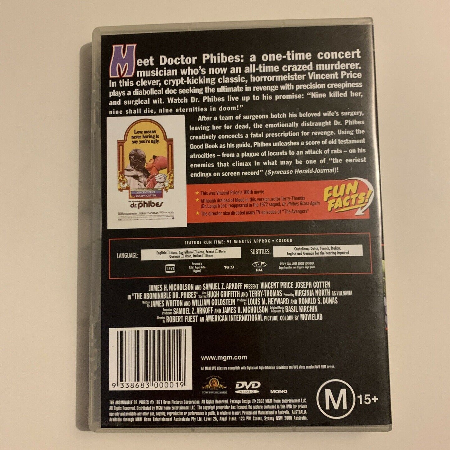 Abominable Dr. Phibes (DVD, 1971) Vincent Price, Joseph Gotten. Region 4&2