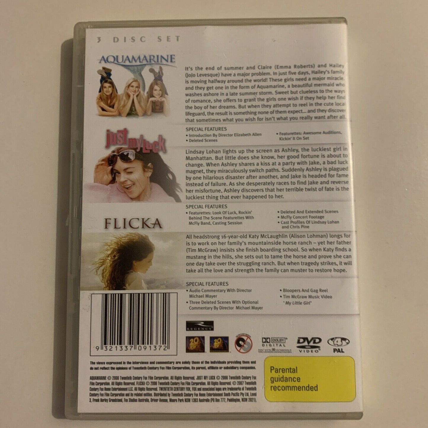 Aquamarine / Just My Luck / Flicka (DVD, 2006, 3-Disc) Region 4