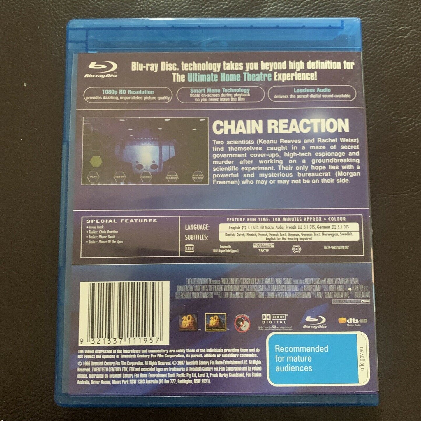 Chain Reaction (Bluray, 1996) Keanu Reeves, Morgan Freeman Region B ...