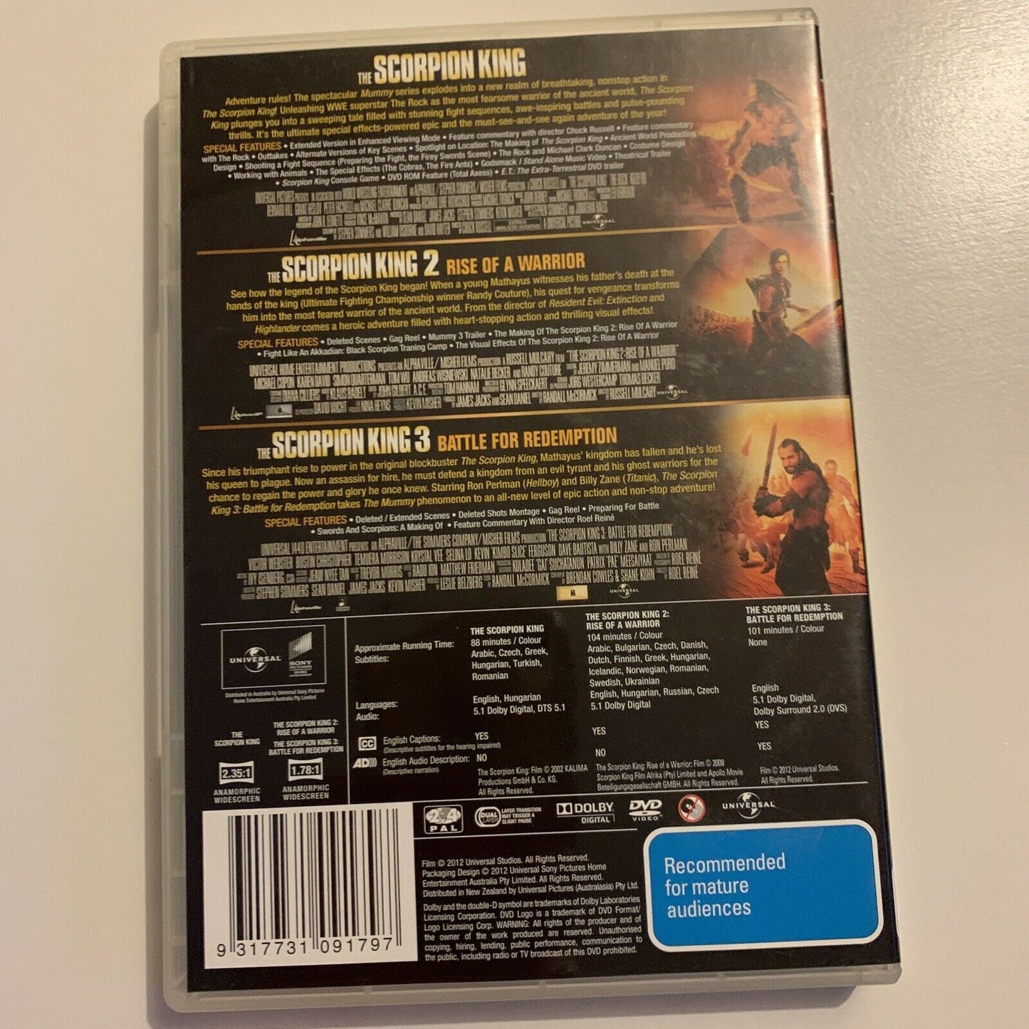 The Scorpion King 1, 2 & 3 Trilogy (DVD, 2012) Dwayne Johnson Region 4&2