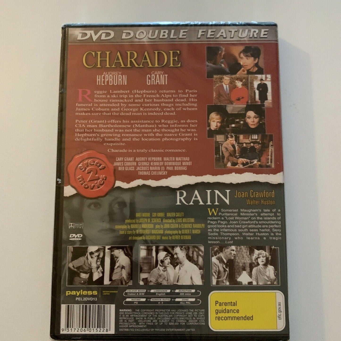 *New Sealed* Charade / Rain (DVD, 1963) Audrey Hepburn, Cary Grant. All Regions