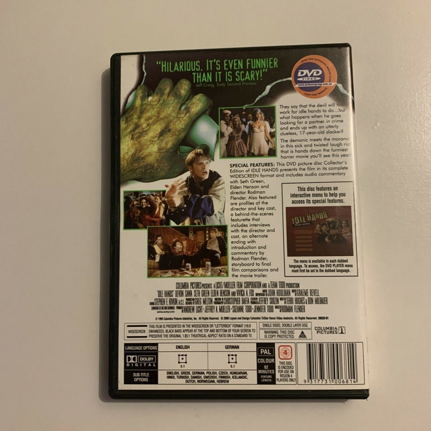Idle Hands - Collector's Edition (DVD, 1999)  Devon Sawa,  Seth Green Region 4&2