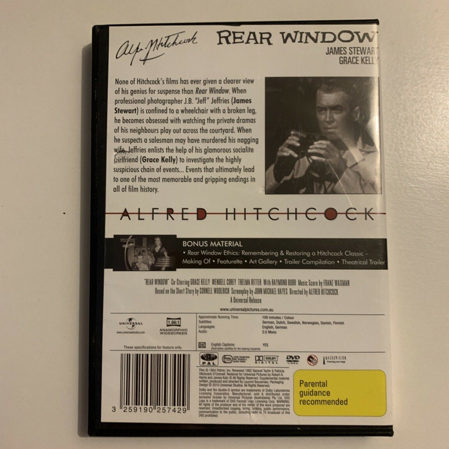 Rear Window (DVD, 1954) Alfred Hitchcock, James Stewart, Grace Kelly. Region 4&2