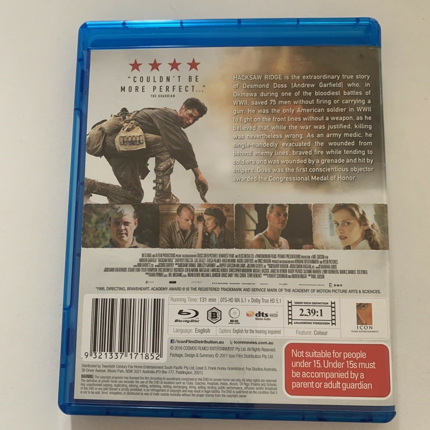 Hacksaw Ridge (Bluray, 2016) Andrew Garfield, Mel Gibson. Region B