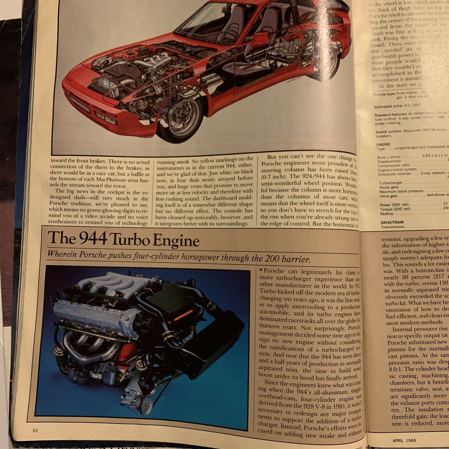 Car And Driver Magazine - April 1985 - Porsche 944 Turbo