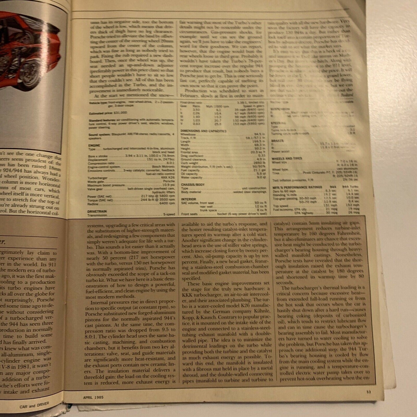 Car And Driver Magazine - April 1985 - Porsche 944 Turbo