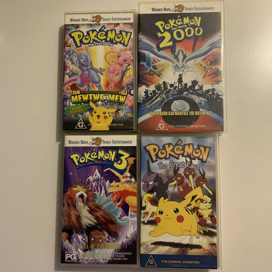 4x Pokémon VHS PAL: The First Movie / 2000 / Pokemon 3 / The Great Race