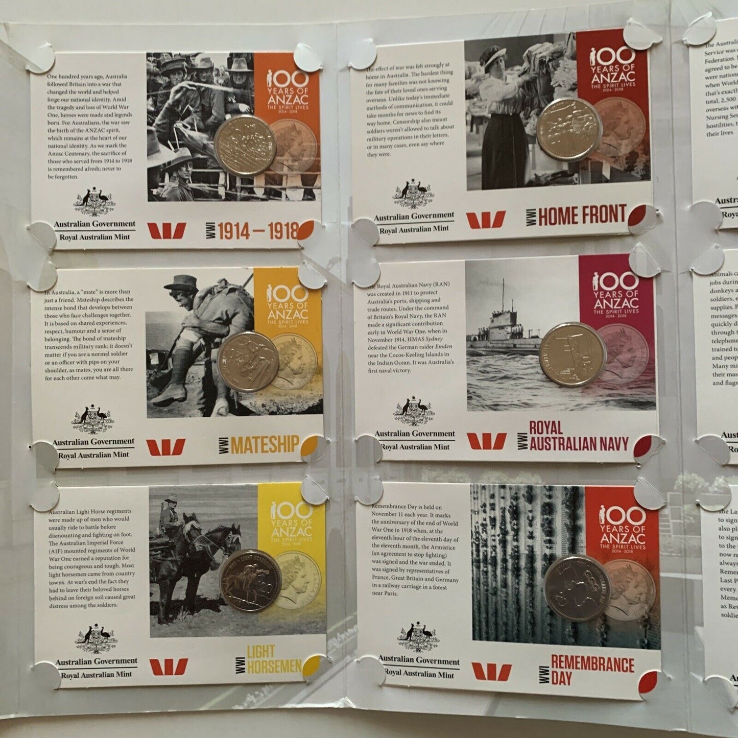 ANZACs Remembered Official Coin Collection World War I 1914-1918, 14 x 20c coins