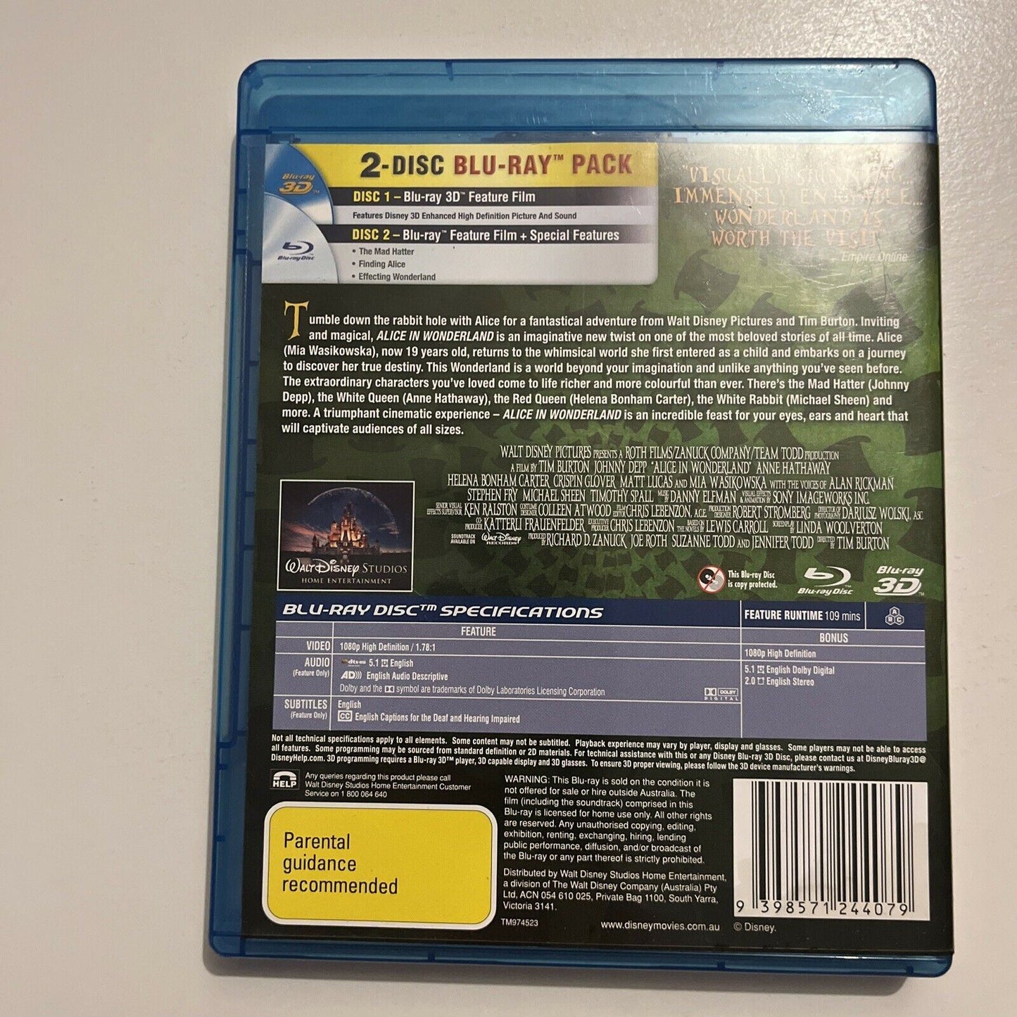 Alice In Wonderland 3D (Blu-ray 3D, 2011, 2-Disc Set) All Regions