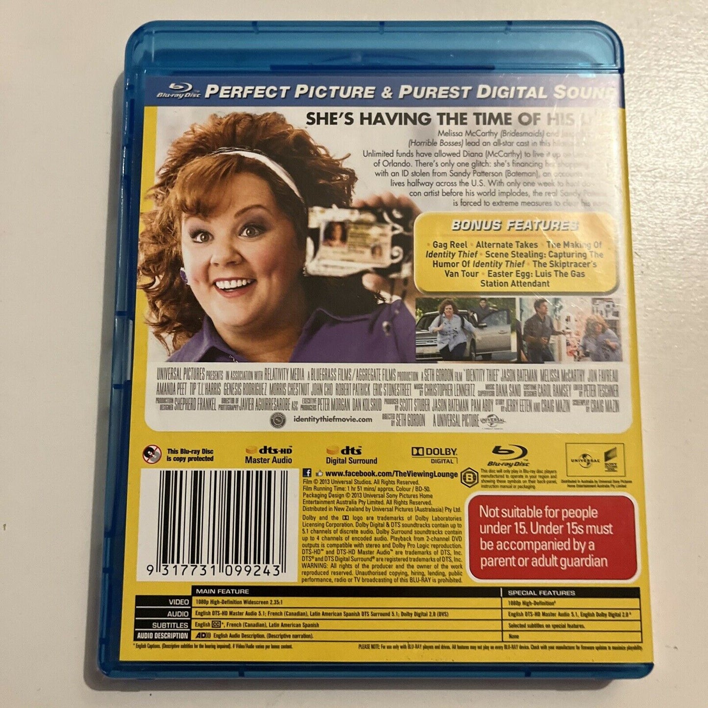Identity Thief (Blu-ray, 2013) Jason Bateman, Melissa McCarthy,Jon Favre RegionB
